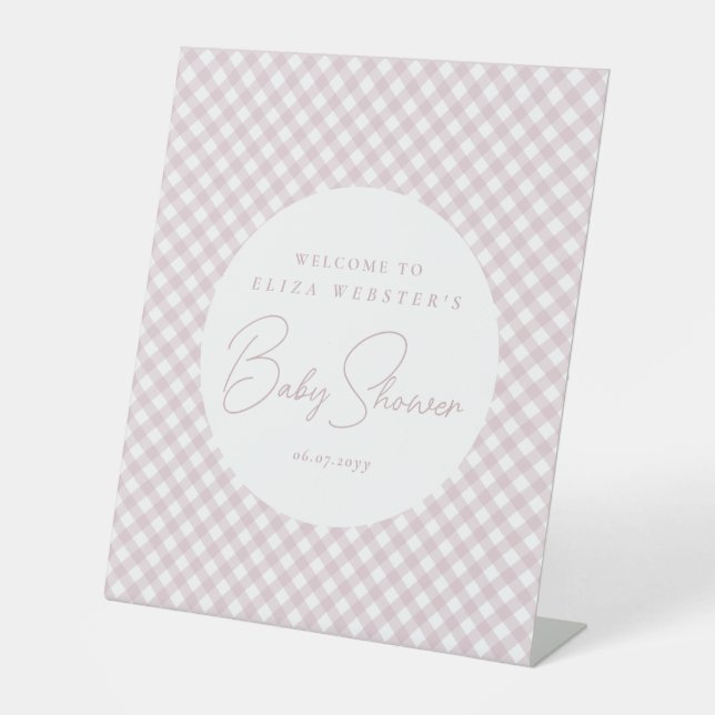 Pink gingham cute simple personalised baby shower pedestal sign (Front)