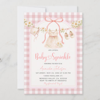 Pink Gingham Daisy Clothesline Baby Sprinkle  Invitation