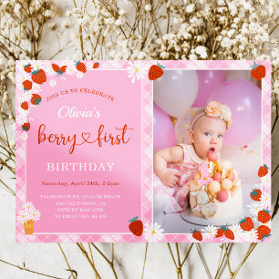 Pink Gingham Daisy flower Berry First Birthday Invitation