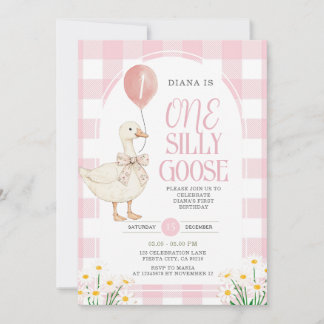 PINK Gingham Daisy One Silly Goose Birthday Invitation