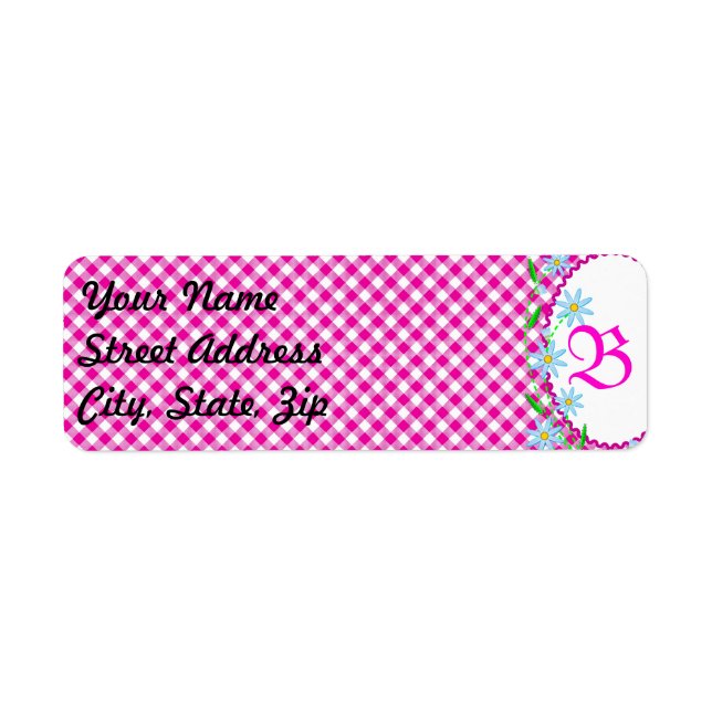 Pink Gingham & F Background Return Address Sticker (Front)