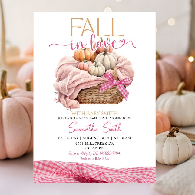 Pink Gingham Fall in Love Fall Theme Baby Shower Invitation (Creator Uploaded)