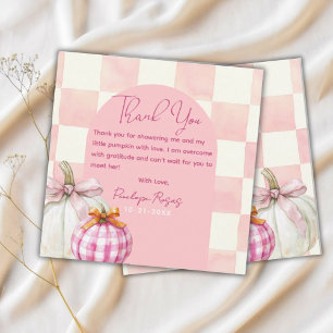 Pink Gingham Fall Pumpkin Girl Baby Shower  Thank You Card