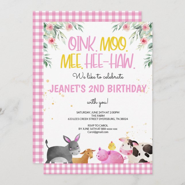 Pink Gingham Farm Animals Girls Birthday Barnyard Invitation (Front/Back)