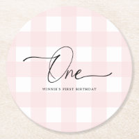 Pink Gingham First Birthday Drink Coaster