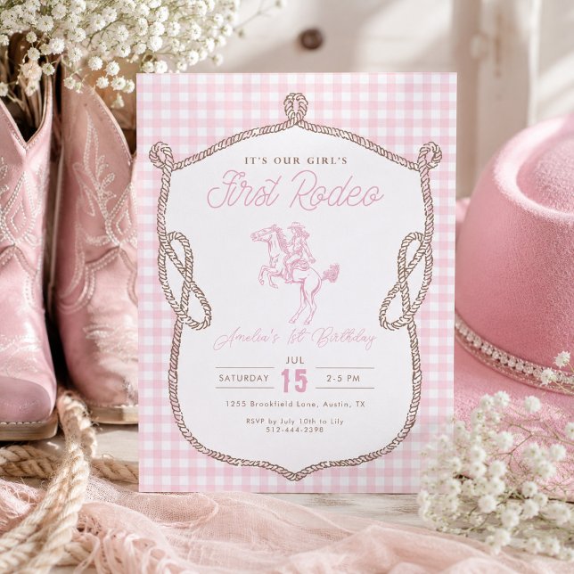 Pink Gingham First Rodeo 1st Birthday Cowboy  Invitation (Creator Uploaded)