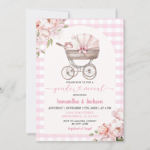Pink Gingham Floral Baby Carriage Gender Reveal Invitation