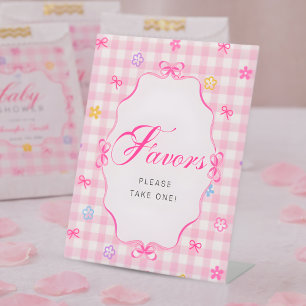 Pink Gingham Floral Bow Baby Shower Favors Sign