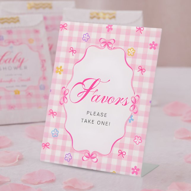 Pink Gingham Floral Bow Baby Shower Favors Sign (Creator Uploaded)