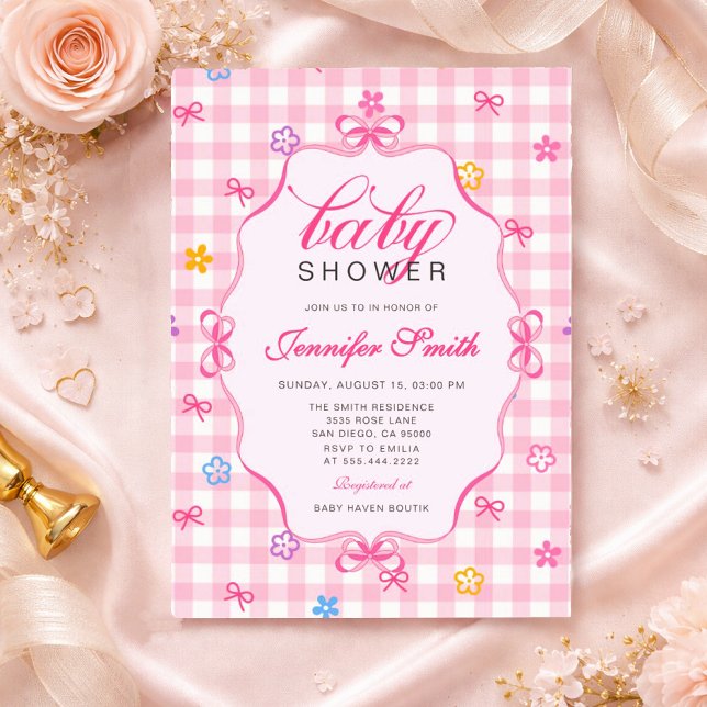 Pink Gingham Floral Bow Baby Shower Invitation (Creator Uploaded)