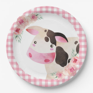 Pink Gingham Floral Cow Farm Animal Paper Plate