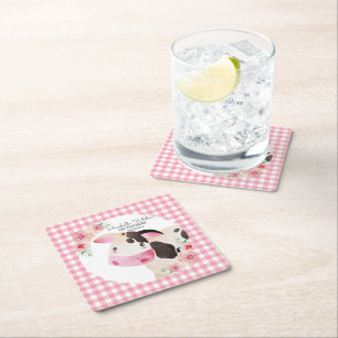 Pink Gingham Floral Cow Farm Animal Square Paper Coaster