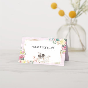 Pink Gingham Floral Farm Animals Place Card