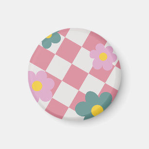 Pink Gingham Floral Pattern – Retro Cute Flower  Magnet
