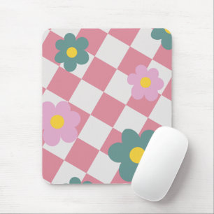 Pink Gingham Floral Pattern – Retro Cute Flower Mouse Pad