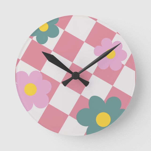 Pink Gingham Floral Pattern – Retro Cute Flower  Round Clock (Front)