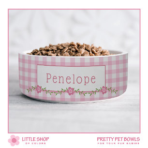 Pink Gingham Floral Personalized Pet Bowl