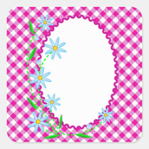 Pink Gingham & Flowers Background Square Sticker
