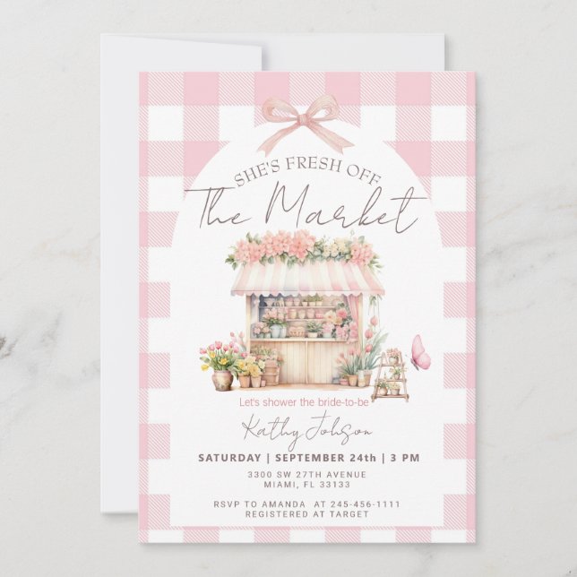 Pink Gingham Fresh Off The Market Bridal Shower  Invitation (Front)