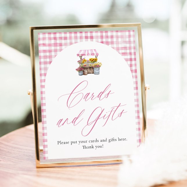 Pink Gingham Fresh Off The Market Cards and Gifts Poster (Watercolor Pink Gingham Fresh Off The Market Cards and Gifts Sign)