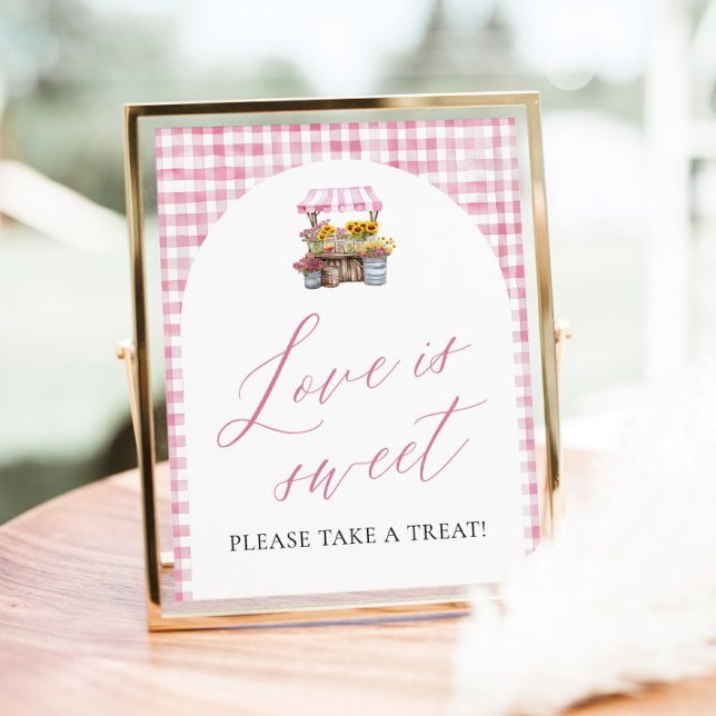Pink Gingham Fresh Off The Market Love is Sweet Poster (Watercolor Pink Gingham Fresh Off The Market Love is Sweet Sign)