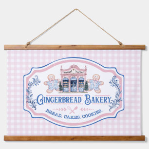 Pink Gingham Gingerbread Bakery Hanging Tapestry