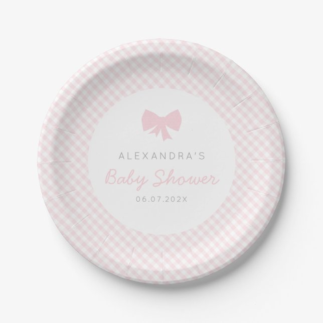 Pink gingham girl baby shower paper plate (Front)