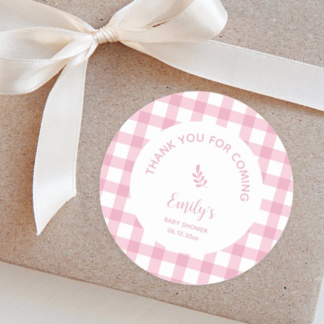 Pink Gingham Girl Baby Shower Thank You For Coming Classic Round Sticker (Creator Uploaded)