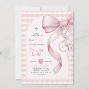 Pink Gingham Girl Baptism Pink Bow Pearl Necklace Invitation