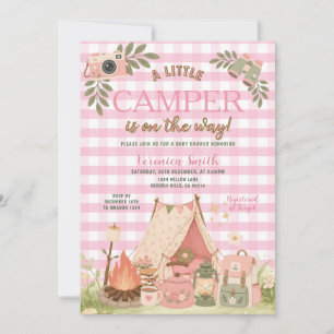 Pink Gingham Girl Camping baby Shower Invitation