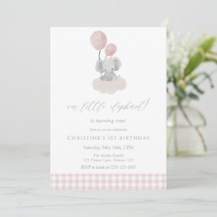 Pink Gingham Girl Elephant 1st Birthday Invitation