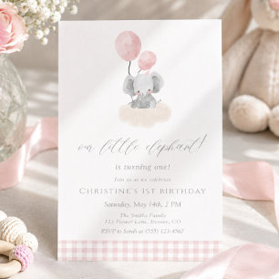 Pink Gingham Girl Elephant 1st Birthday Invitation