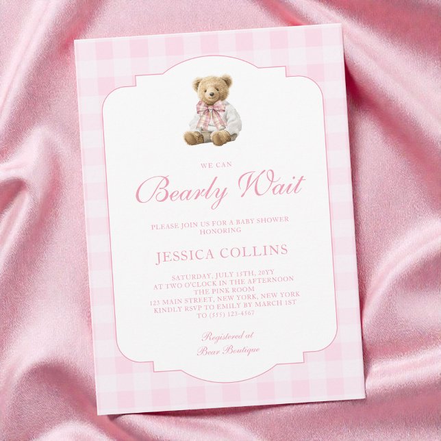 Pink Gingham Girl We Can Bearly Wait Baby Shower Invitation (Pink Gingham Girl We Can Bearly Wait Baby Shower Invitation)