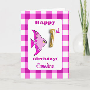 Pink Gingham Gold Foil Balloon Fish 1st Birthday Card