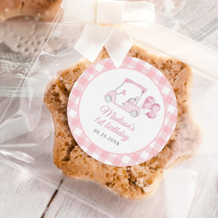 Pink Gingham Golf Girl 1st Birthday Classic Round Sticker