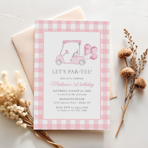 Pink Gingham Golf Girl 1st Birthday Invitation