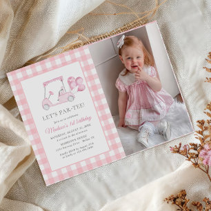 Pink Gingham Golf Girl 1st Birthday Photo Invitation