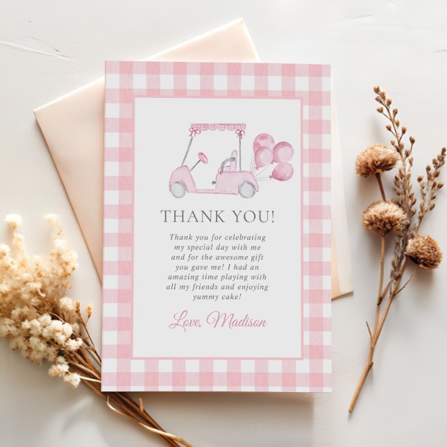 Pink Gingham Golf Girl 1st Birthday Thank You Card (Creator Uploaded)
