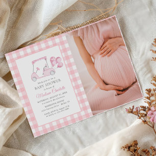 Pink Gingham Golf Girl Baby Shower Photo Invitation