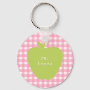 Pink Gingham & Green Apple Teacher Key Ring