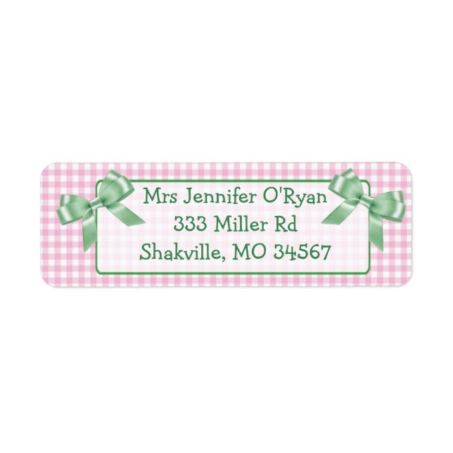 Pink Gingham Green Bow Return Address Label (Front)