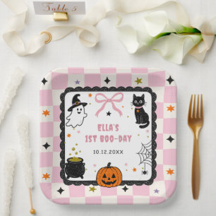 Pink Gingham Halloween Birthday Party Paper Plate