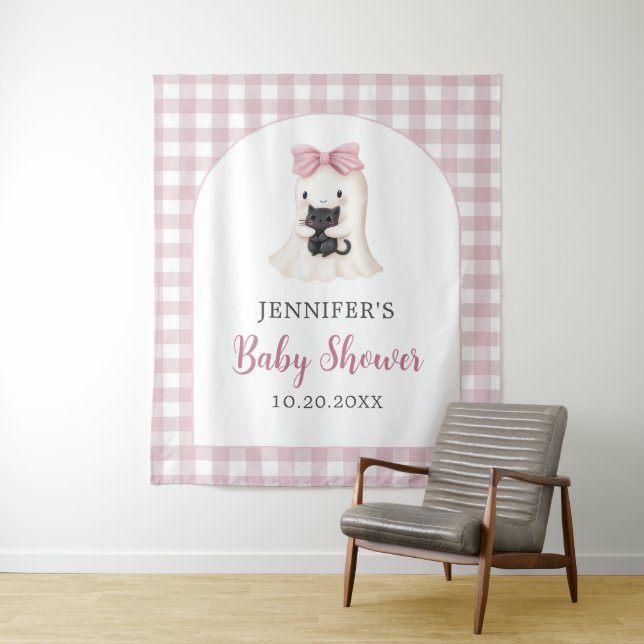 Pink Gingham Halloween Ghost Girl Baby Shower Tapestry (In Situ)