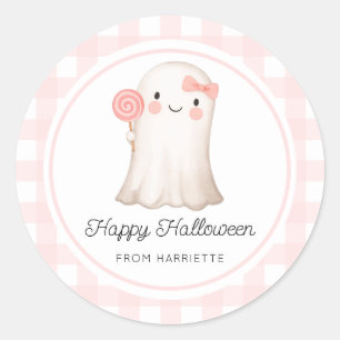 Pink Gingham Happy Halloween Cute Ghost Classic Round Sticker