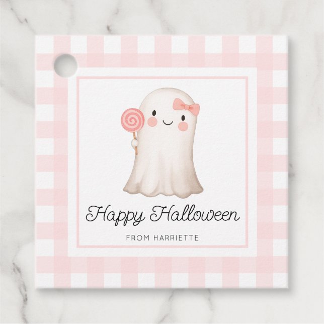 Pink Gingham Happy Halloween Cute Ghost Favour Tag (Front)