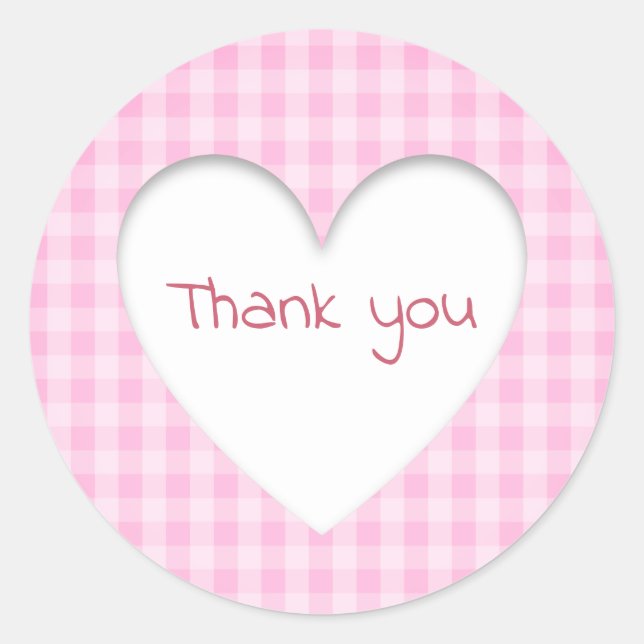 Pink Gingham Heart Classic Round Sticker (Front)