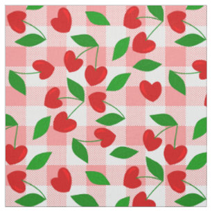 pink gingham Heart Shape Cherry rockabilly Fabric