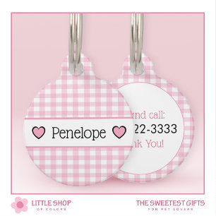 Pink Gingham Hearts Personalized Pet Tag