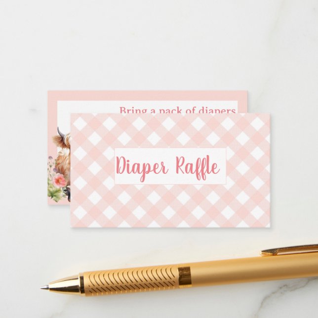 Pink Gingham Highland Cow girl diaper raffle Enclosure Card (Front/Back In Situ)