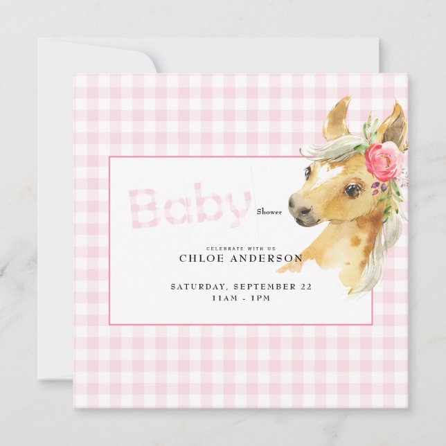 Pink Gingham Horse Baby Shower Square Invitation (Front)